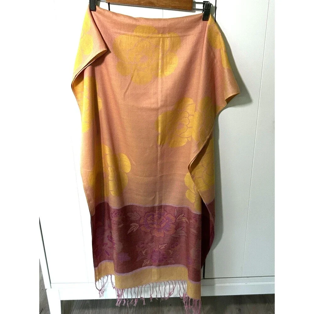 100% Pashmina Wrap Scarf Fringe Floral Print Metallic Thread Accents Preppy